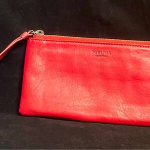 Perlina New York Red Pebbled Leather Zip Wallet Credit Card Wrislet 8 x 4.5”